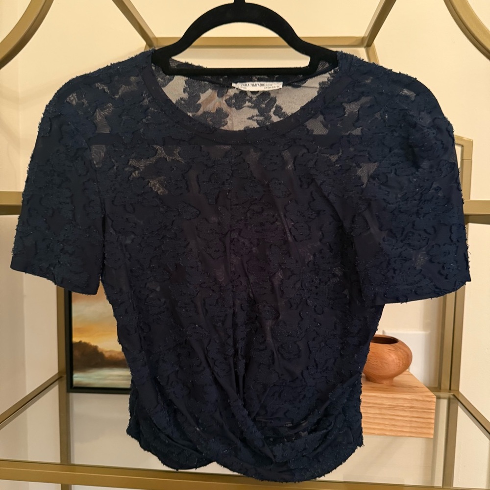 Zara Navy Floral Cropped Mesh Top